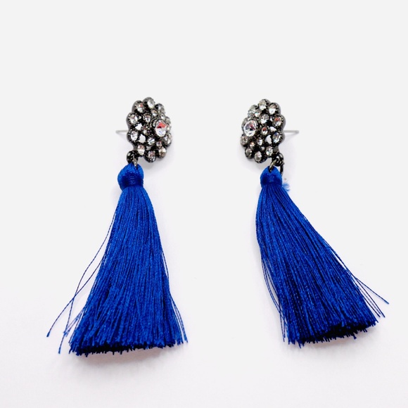 Long Blue Tassel Earrings Fringe Crystal Statement Earrings Chic Fashion Black - Picture 2 of 3